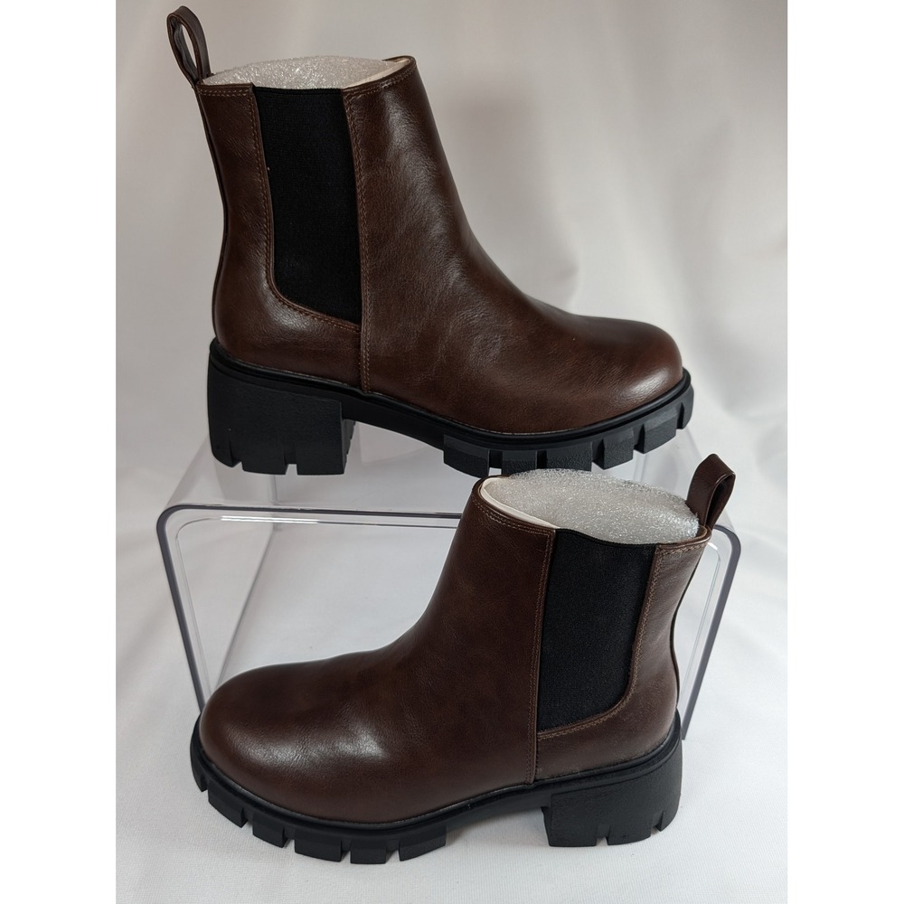Womens Brown Faux Leather Lug Sole Chelsea Ankle Boots Chunky Block Heel Size 7